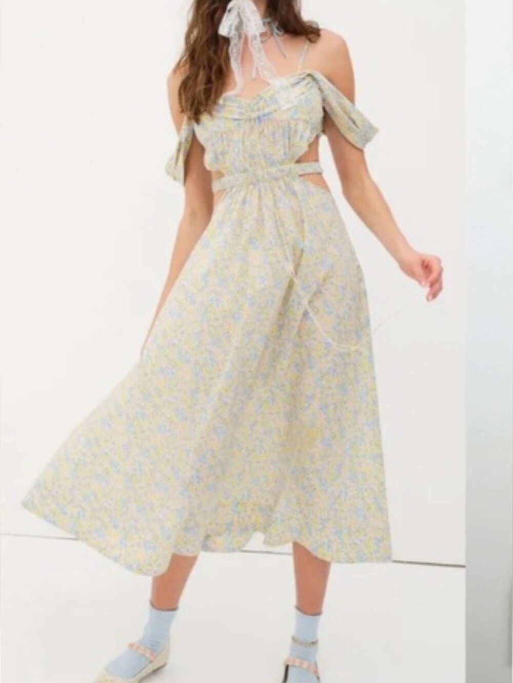 For Love & Lemons Yellow/blue  Floral Midi Dress size S new with tags
